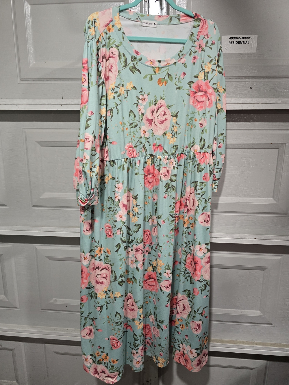 Floral Scoop Neck Maxi Dress - Mint with Pink Roses